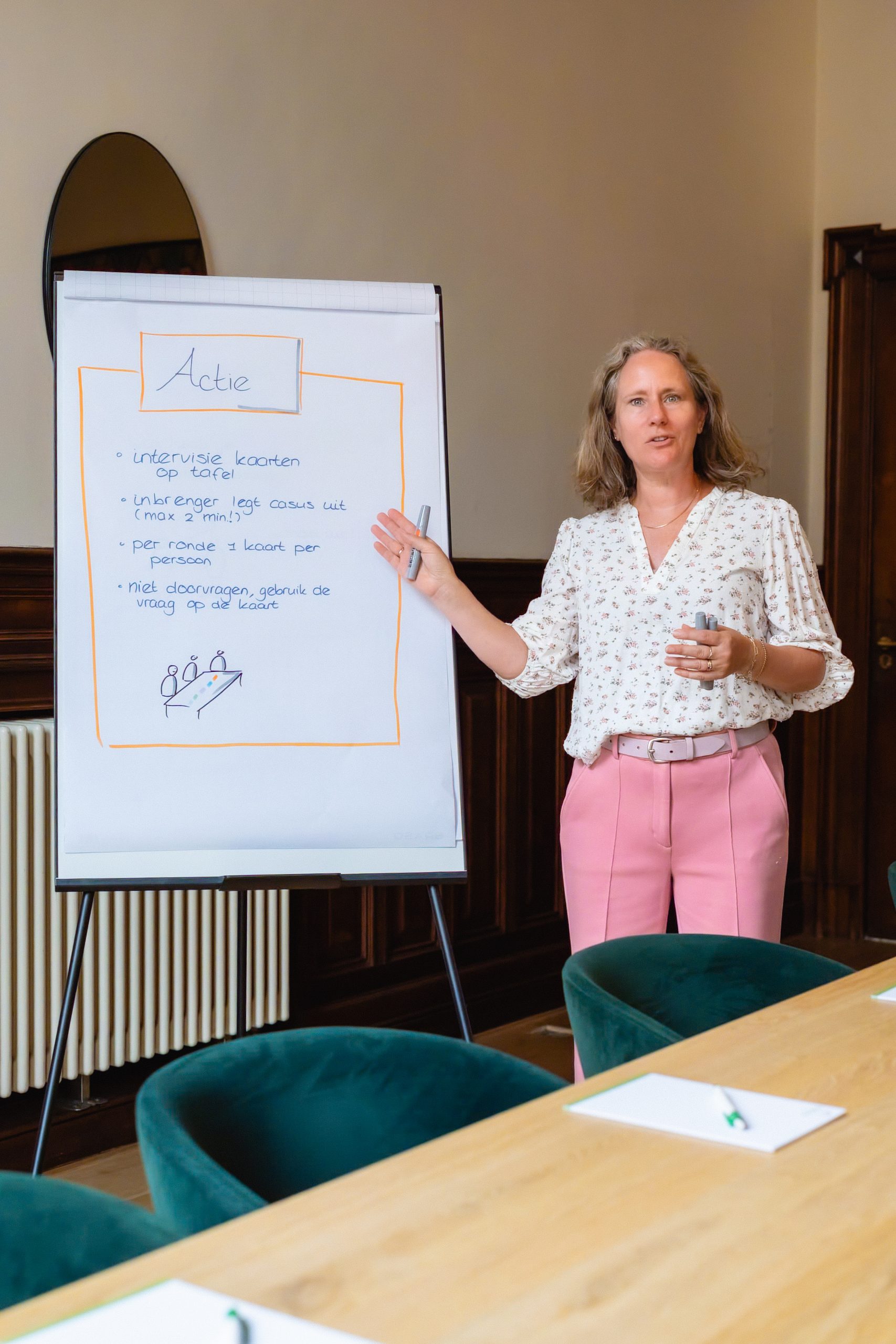 Judith van Twist begeleidt coaching on the job bij een flip-over met actiepunten